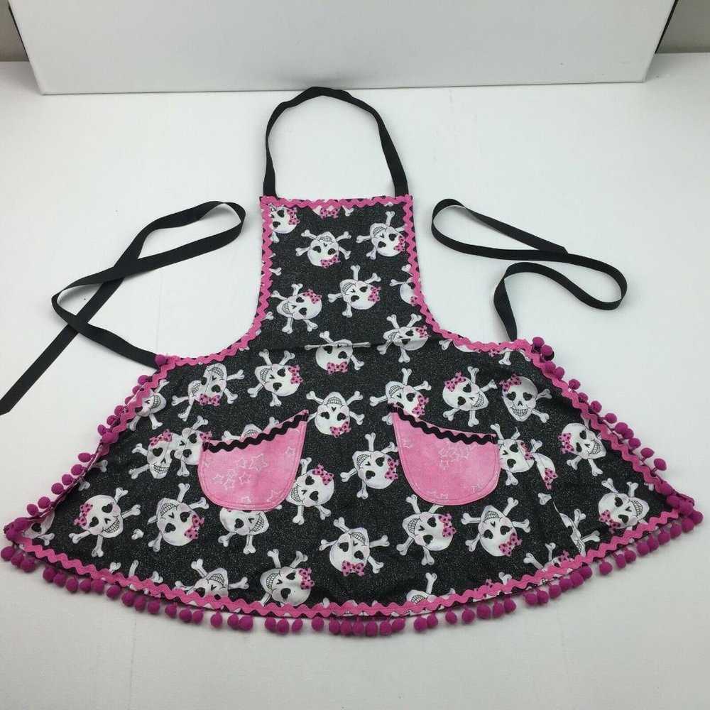 Girls Baking Apron for Kitchen Punk Rock Skulls With Bows Pink Pom Pom Ribbon